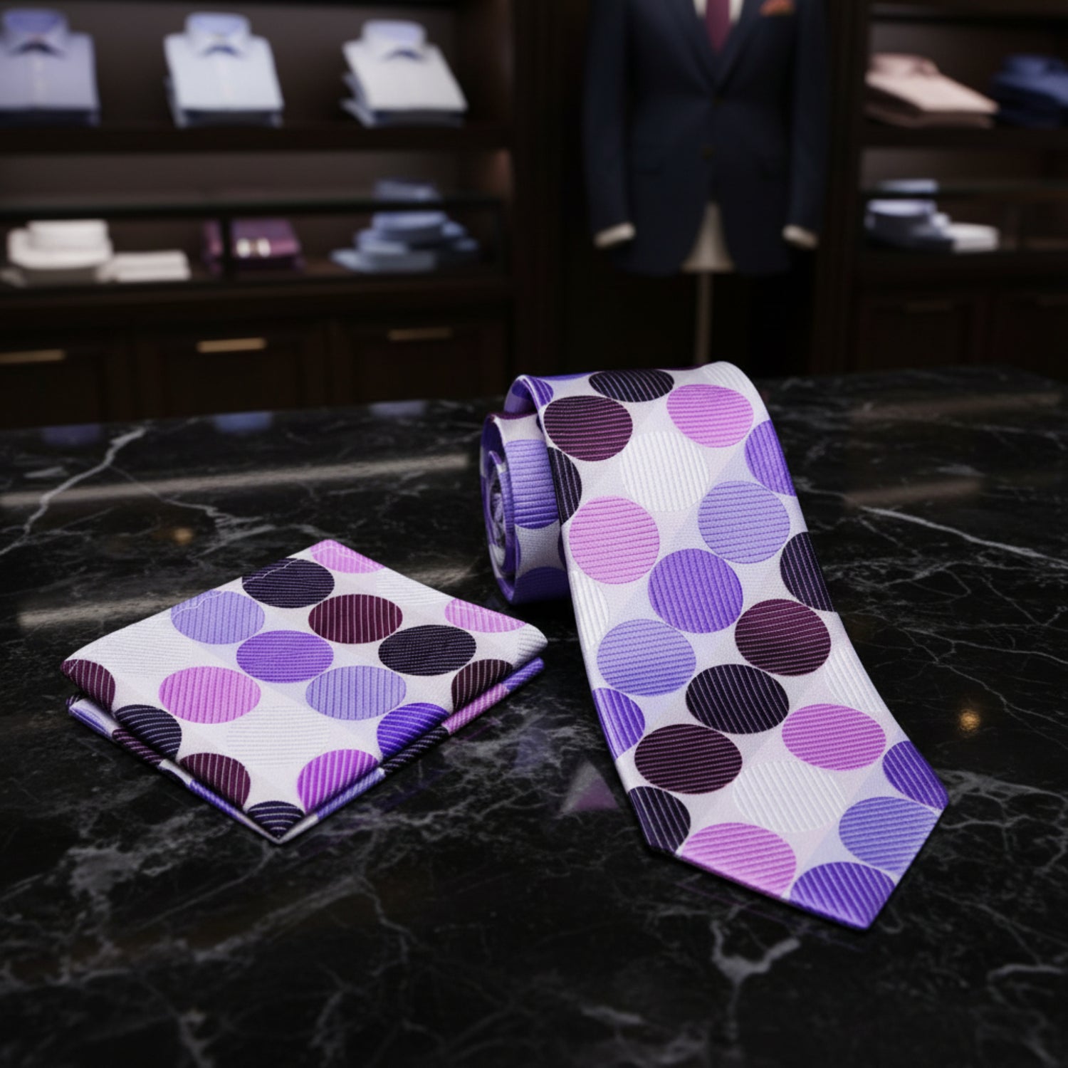 white purple dots tie and square on marble