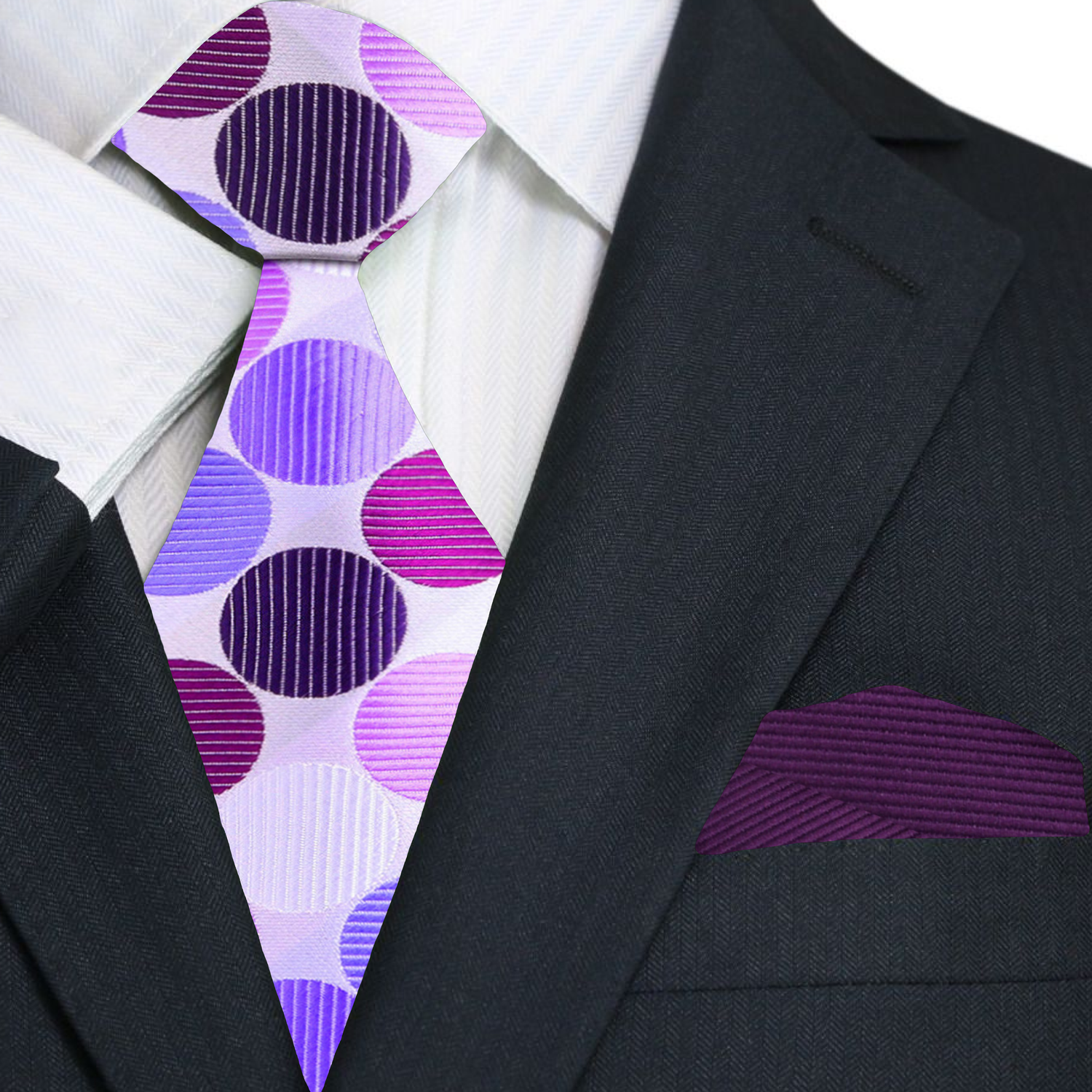 purple polka dot tie, and purple pocket square