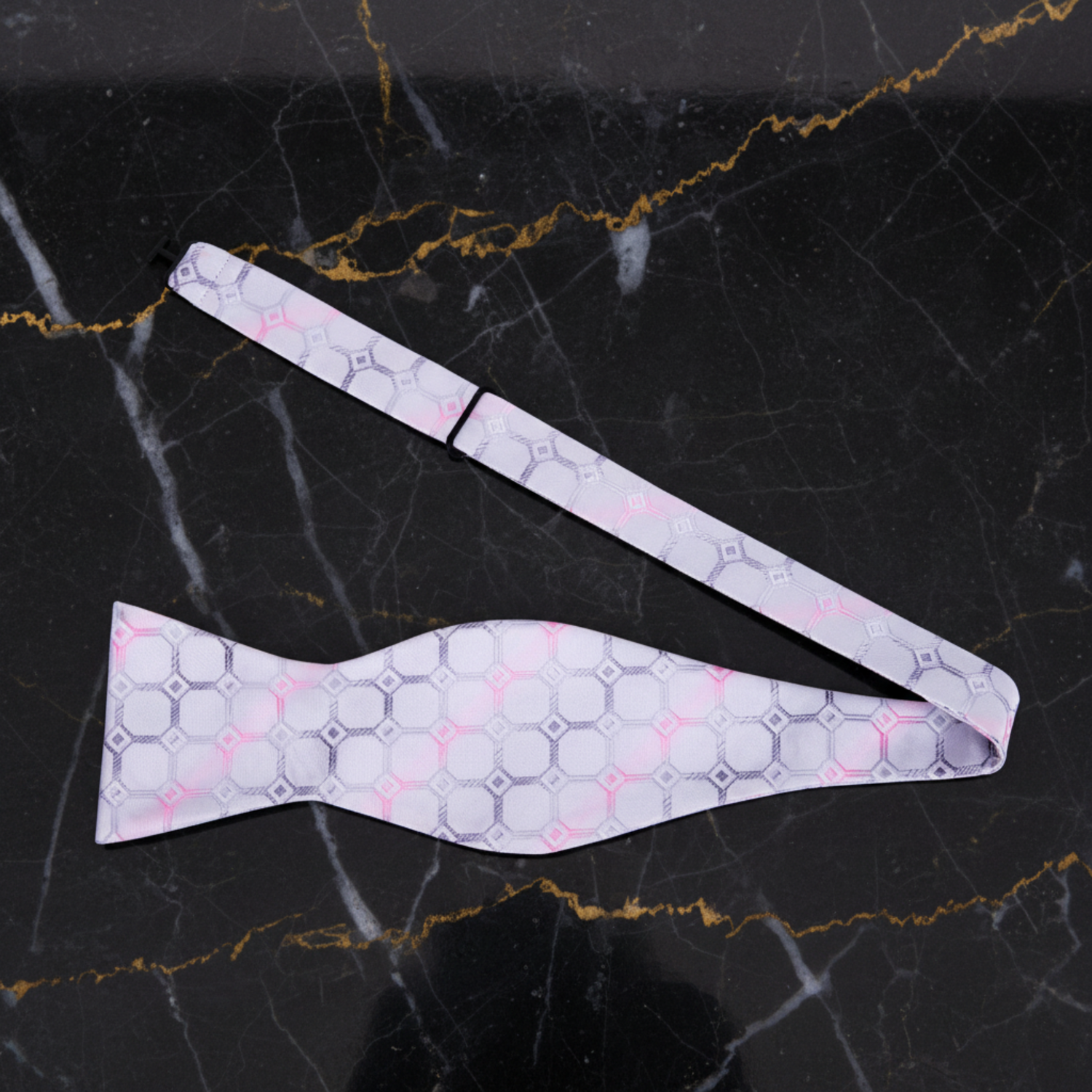 An Icy Silver, White, Pink Geometric Squares With Small Diamonds Pattern Self Tie Bow Tie, 