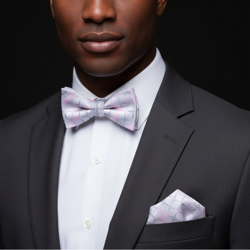 Grey, Silver & Pink Geometric Bow Tie | Modern Refinement