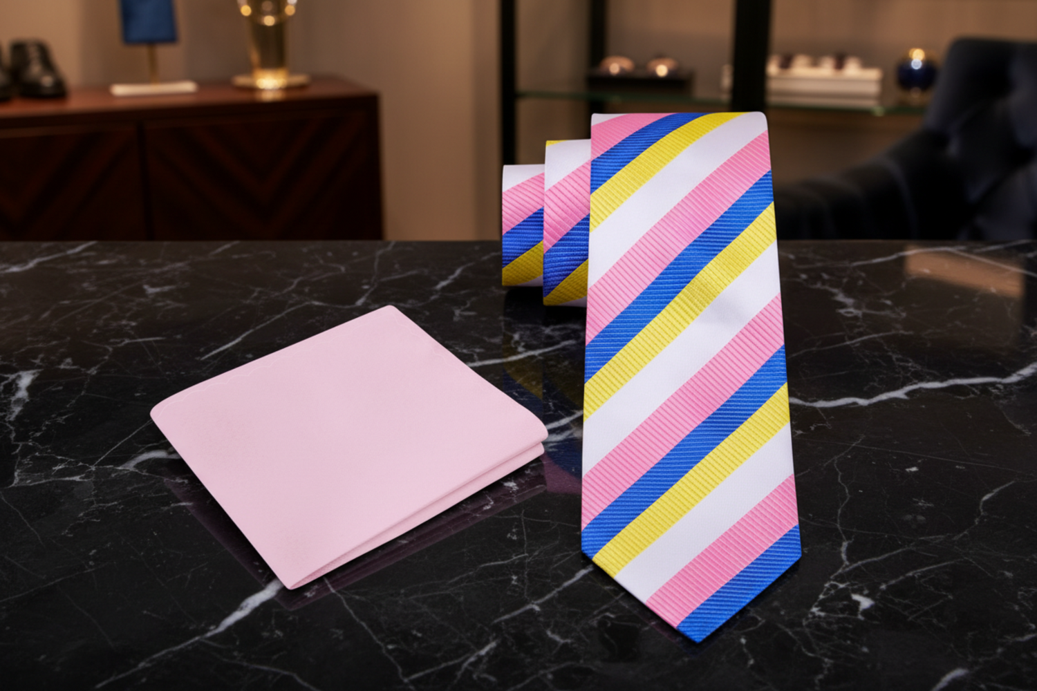 Colorful striped tie and pink square on a dark marble surface