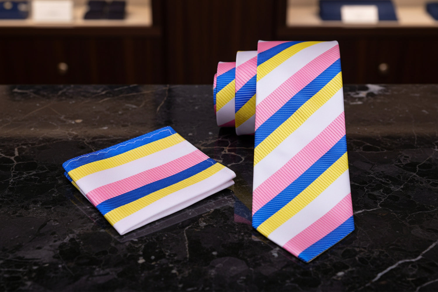 White, Blue, Yellow and Pink Stripe Tie and Square on Table