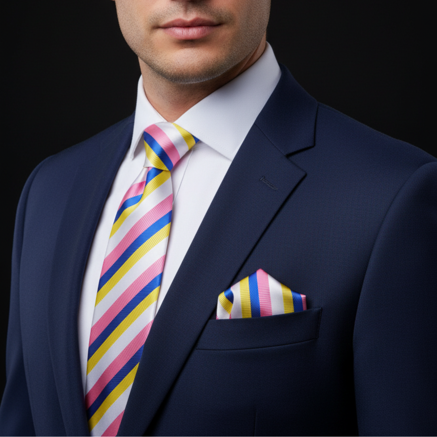 Man wearing a navy suit with a colorful striped tie and pocket square on a black background