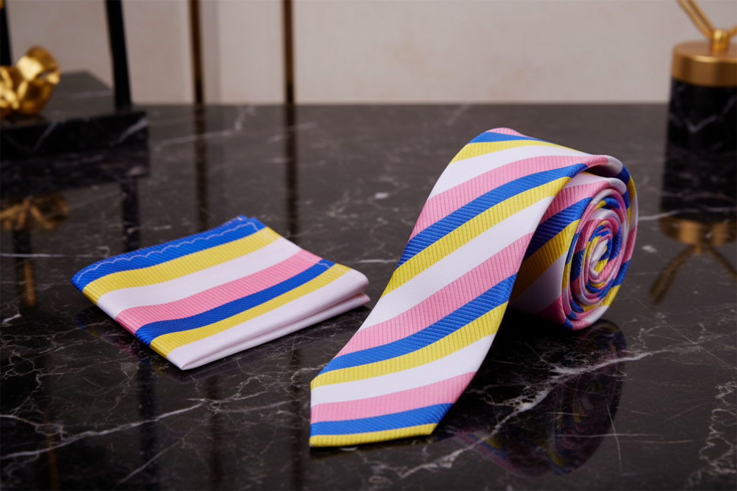 white, yellow and pink blue stripe thin tie and square