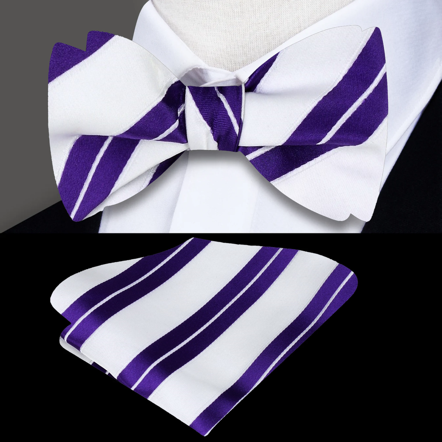White with Purple Stripe Bow Tie and Square