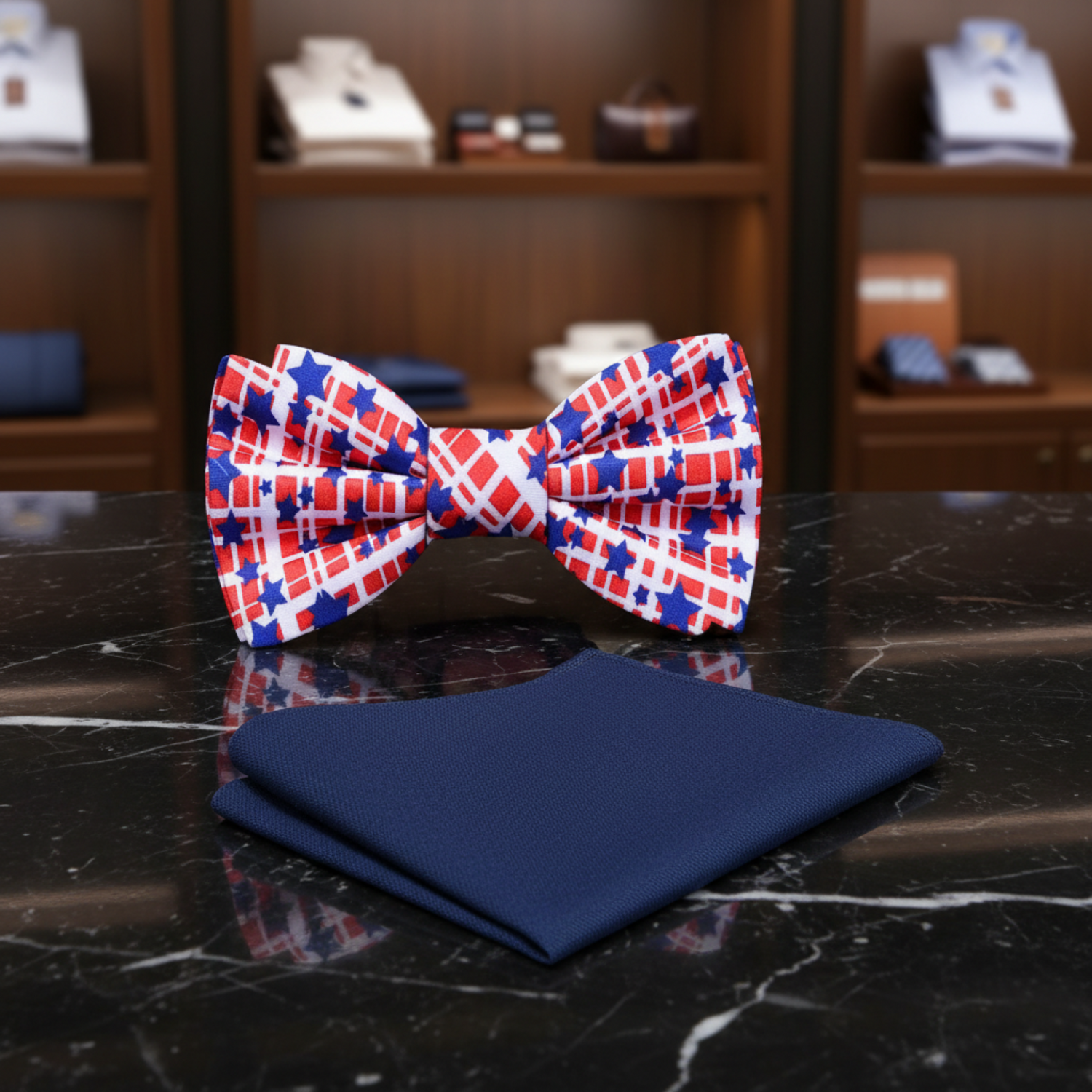 Red Blue Stars Of The District Bow Tie and Dark Blue Pocket Square