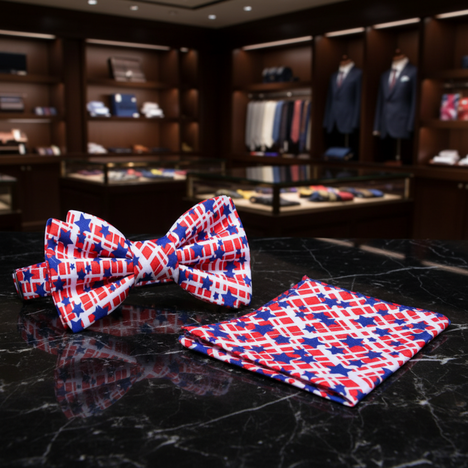 Red Blue Stars Of The District Bow Tie and Pocket Square
