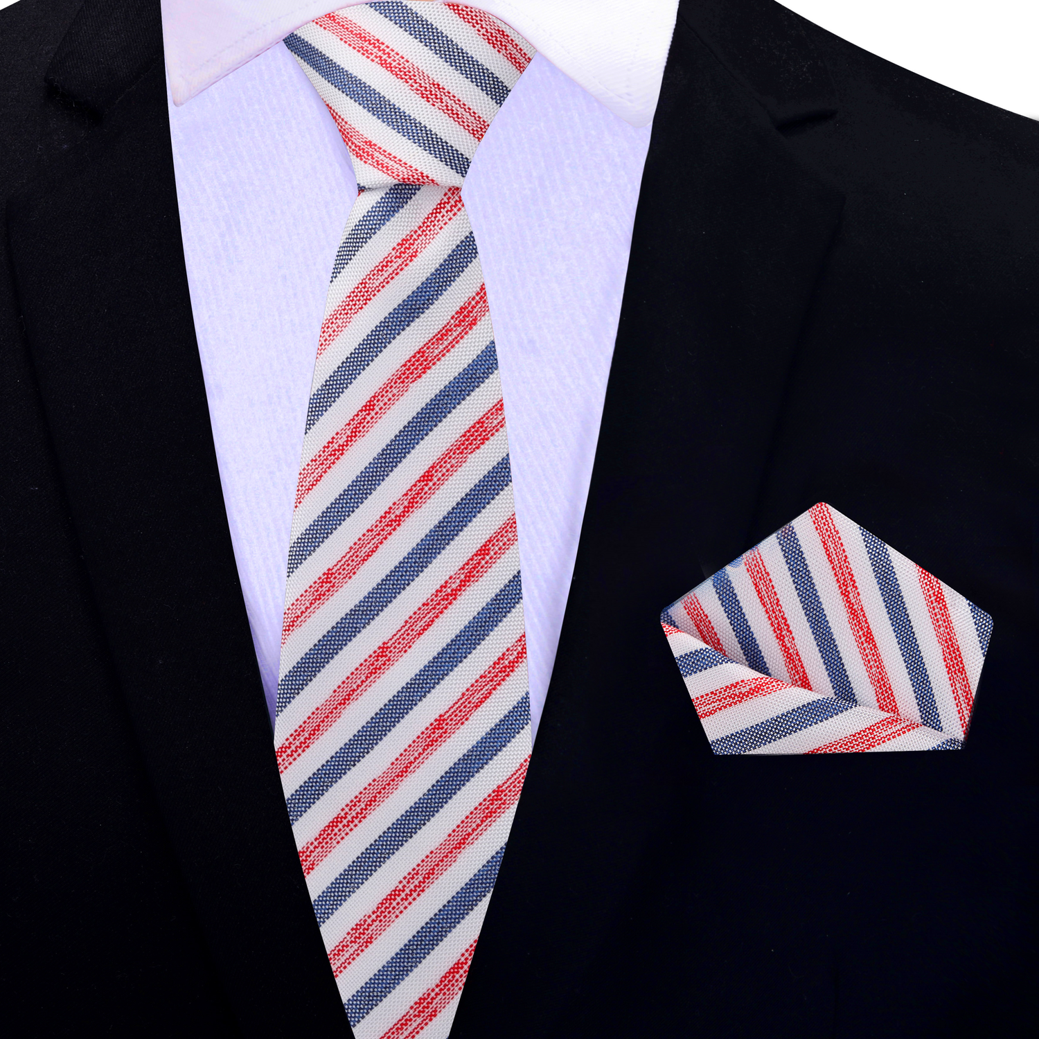 Thin Tie: White with Blue and Red Stripes Necktie Matching Square