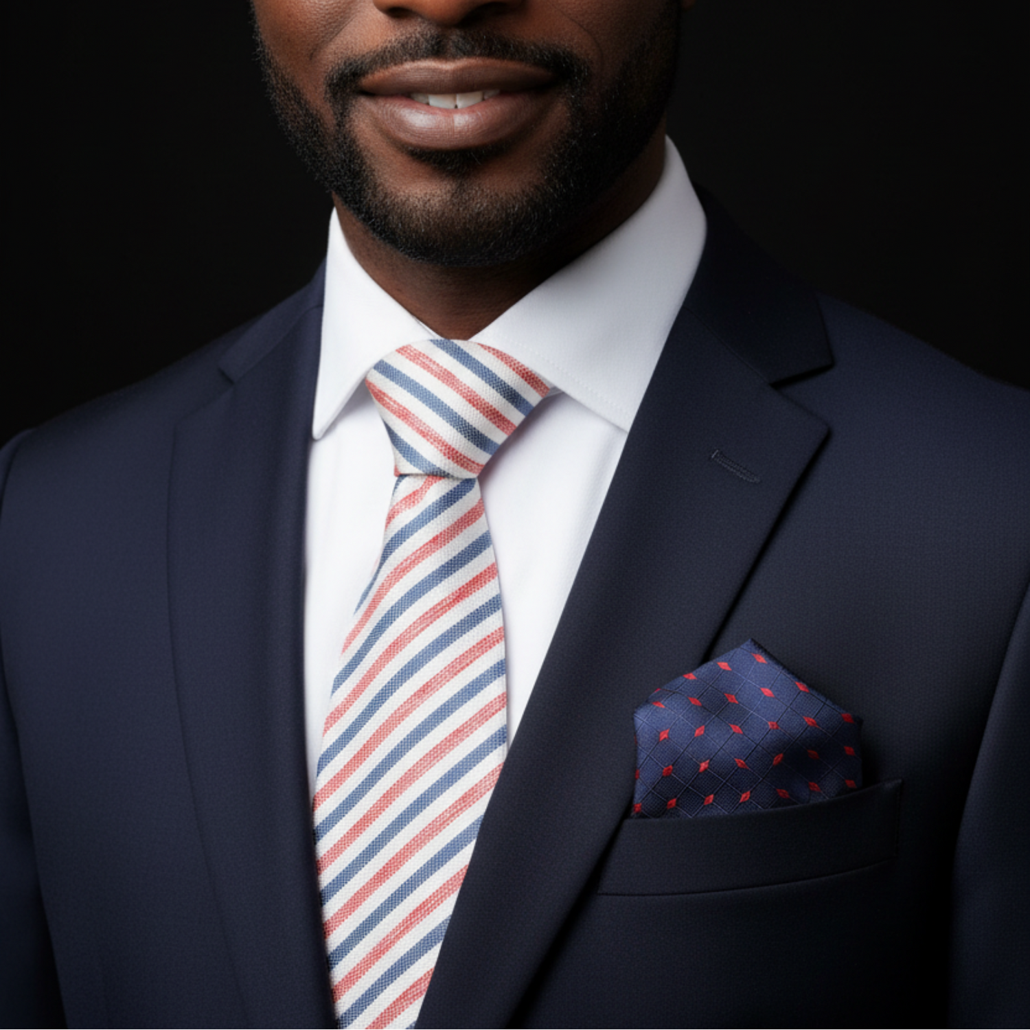 Man wearing a navy suit with a striped tie and pocket square on a black background