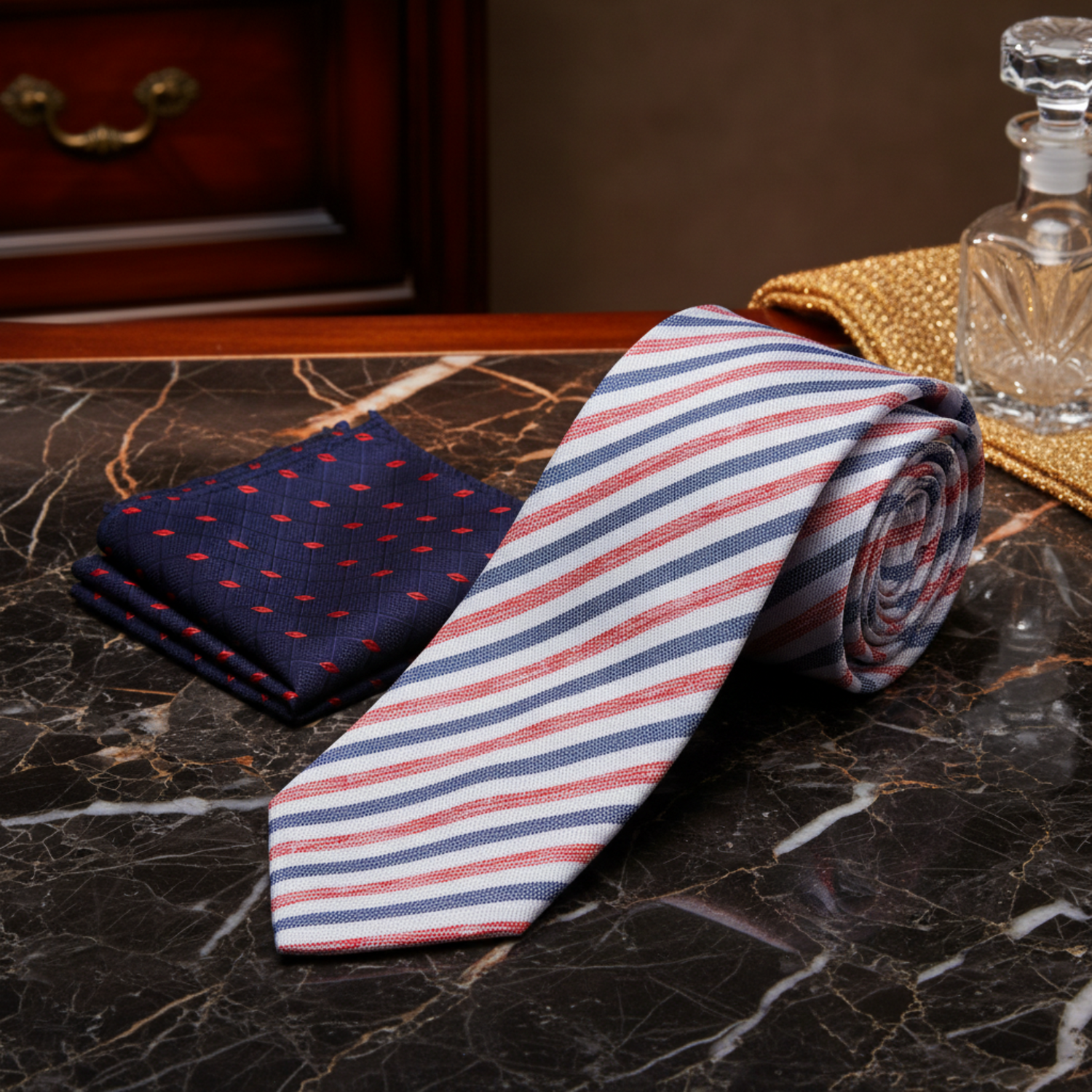 Alt View: White with Blue and Red Stripes Necktie with Blue Red Diamonds Square