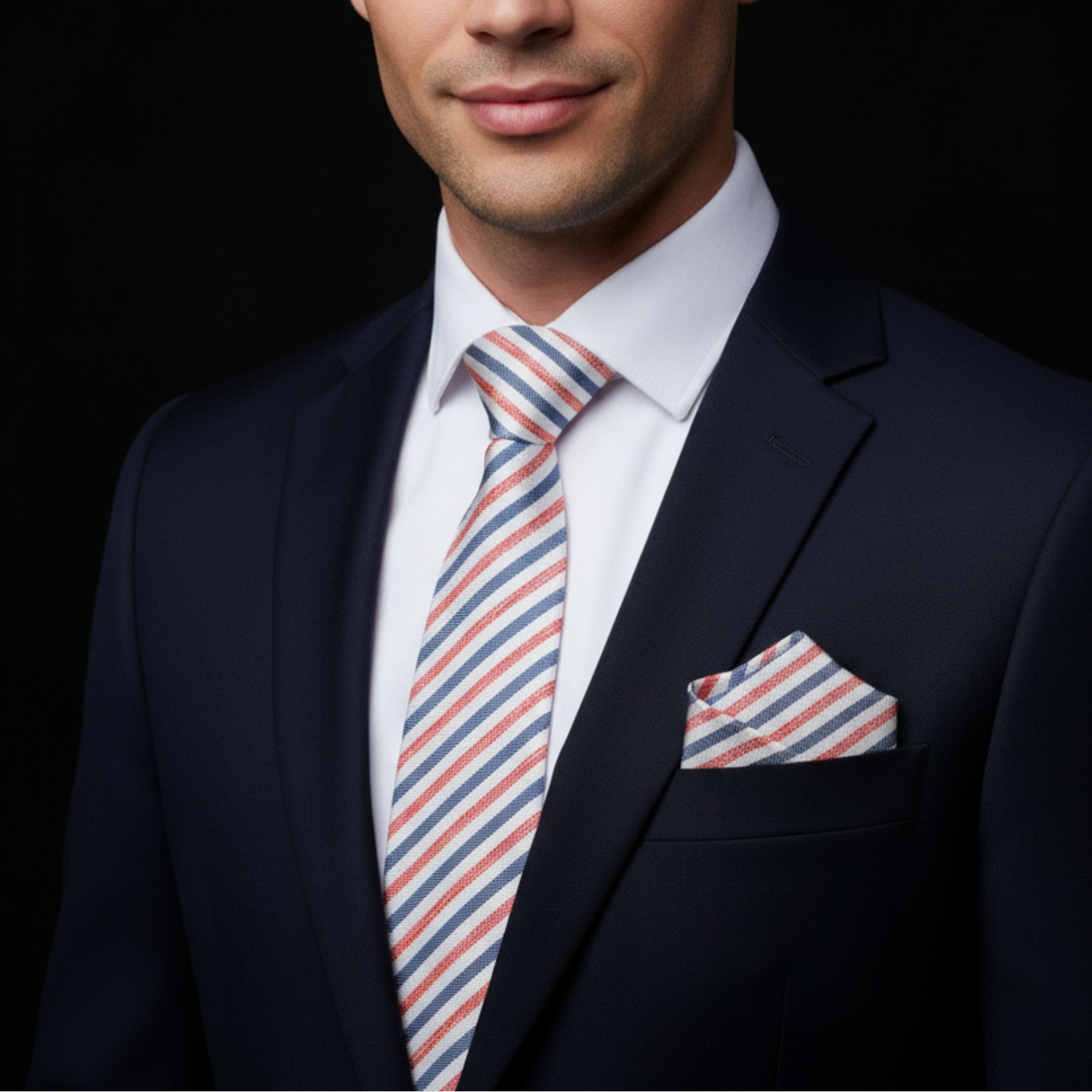 Man wearing a navy suit with a striped tie and pocket square on a black background
