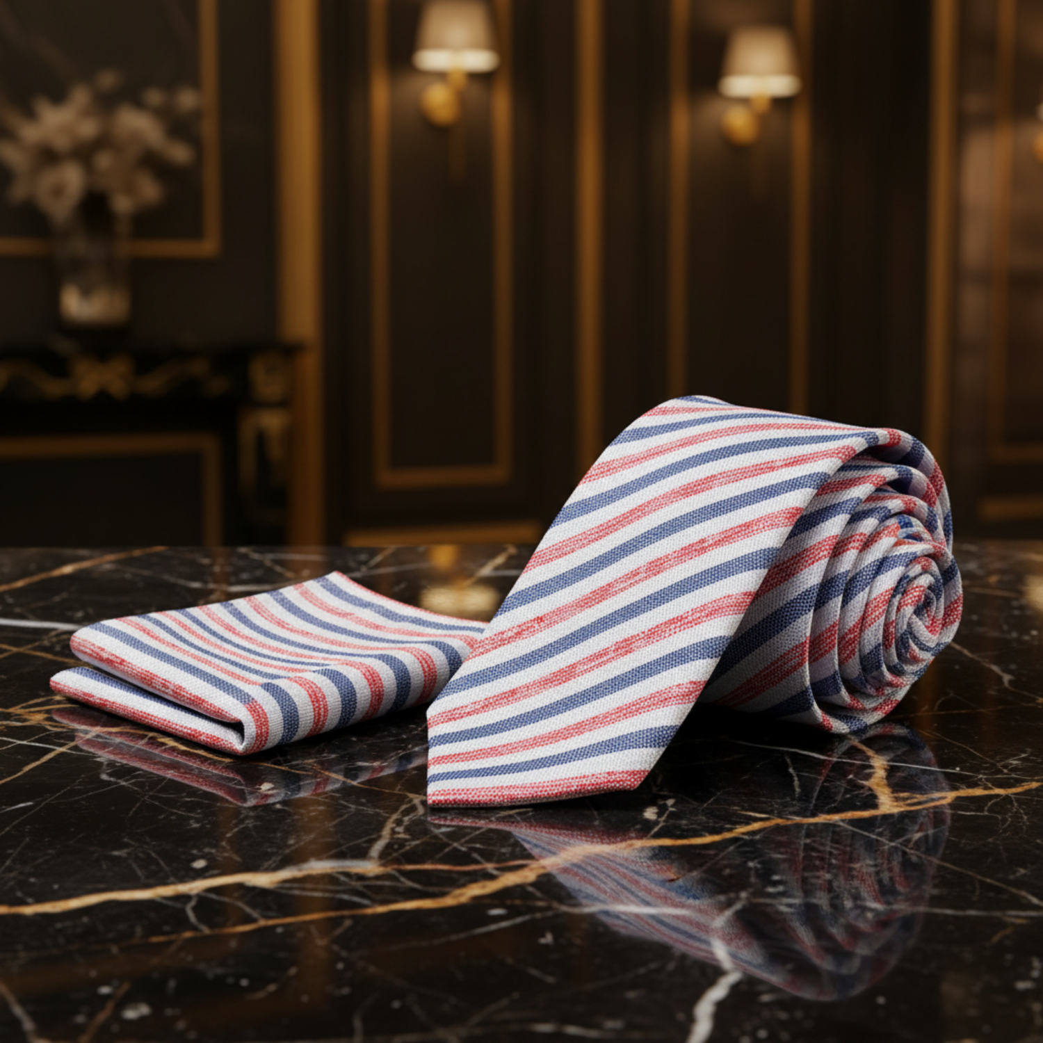 Alt View: White with Blue and Red Stripes Necktie Matching Square