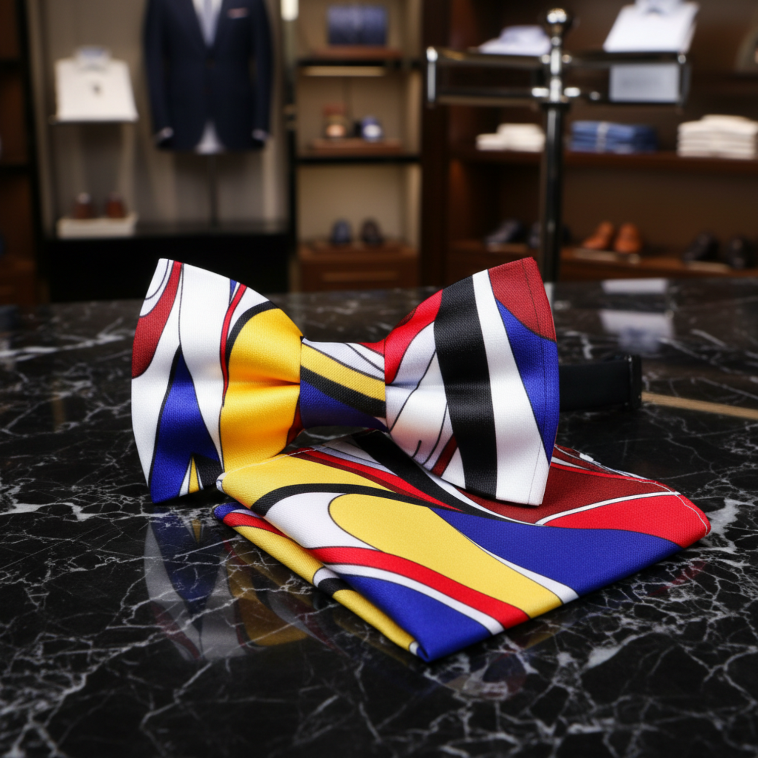 Main: White, Blue, Red, Black, Yellow Abstract Bow Tie and Square