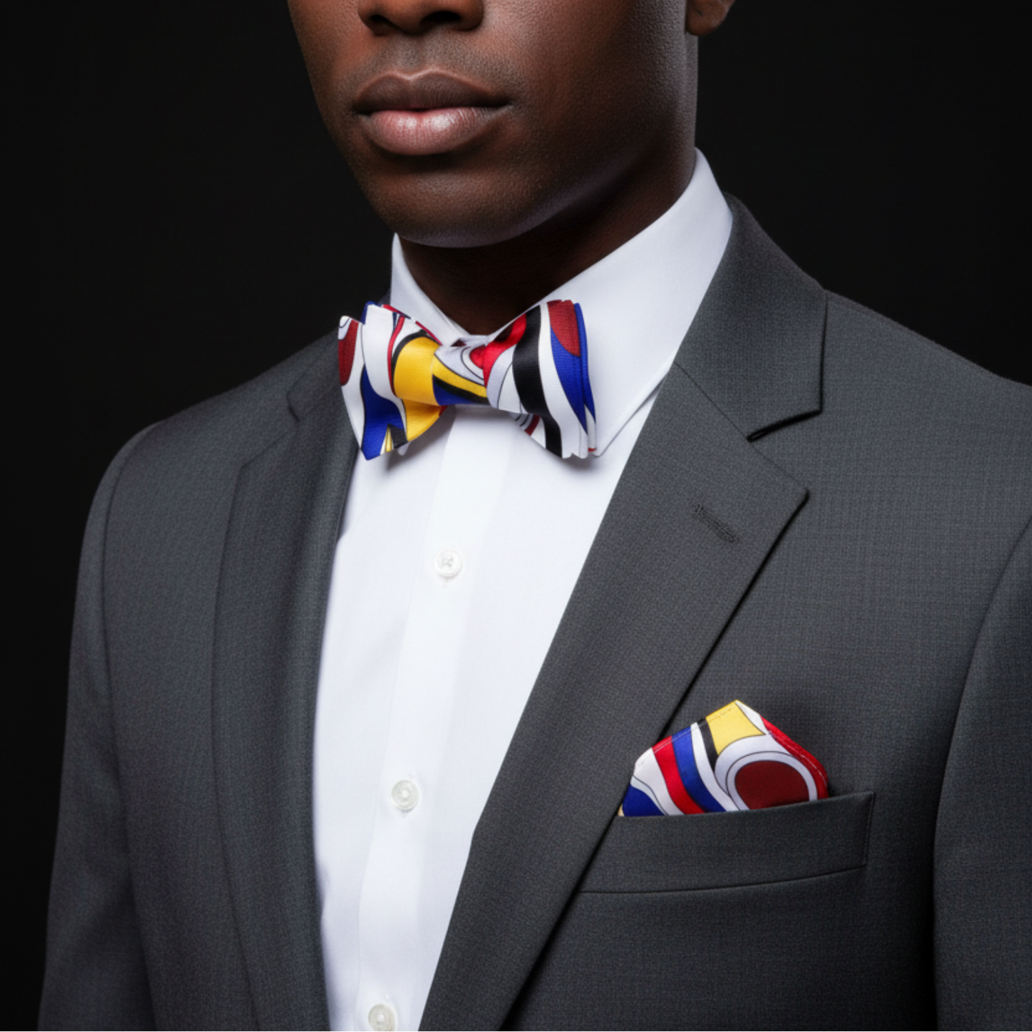 Man wearing a gray suit with a colorful bow tie and pocket square on a black background