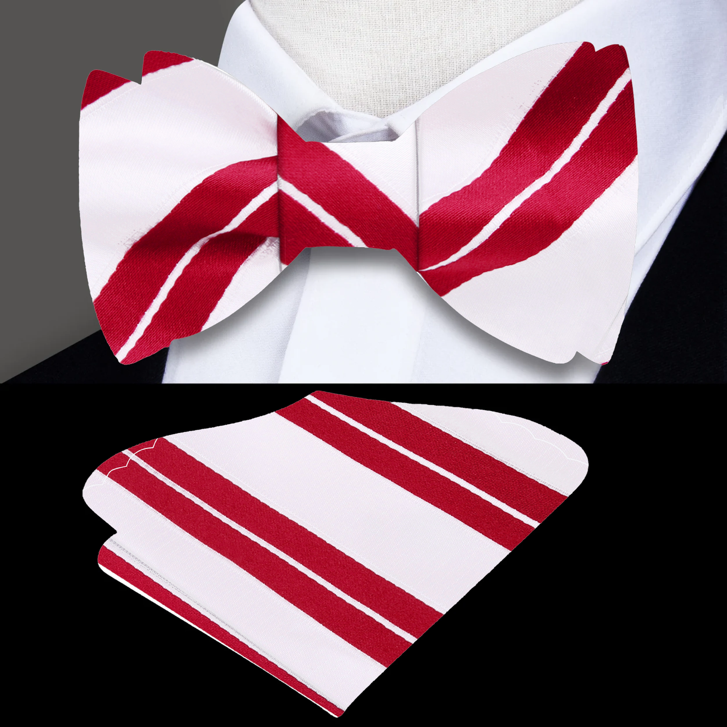 Main View: White with Red Stripe Bow Tie and Square