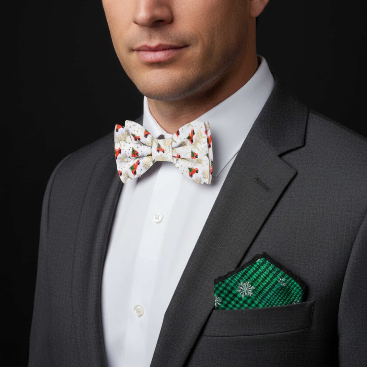 Man wearing a gray suit with a white shirt, red and white patterned bow tie, and green pocket square on a black background.