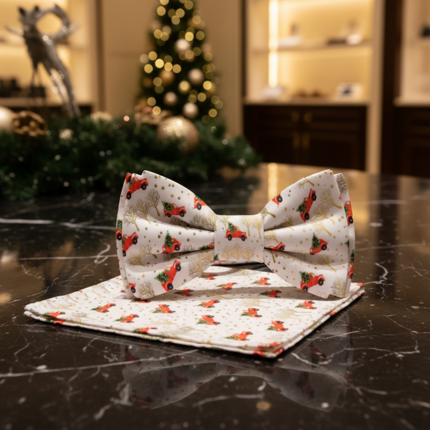 White Red Christmas Tree Car Bow Tie and Square