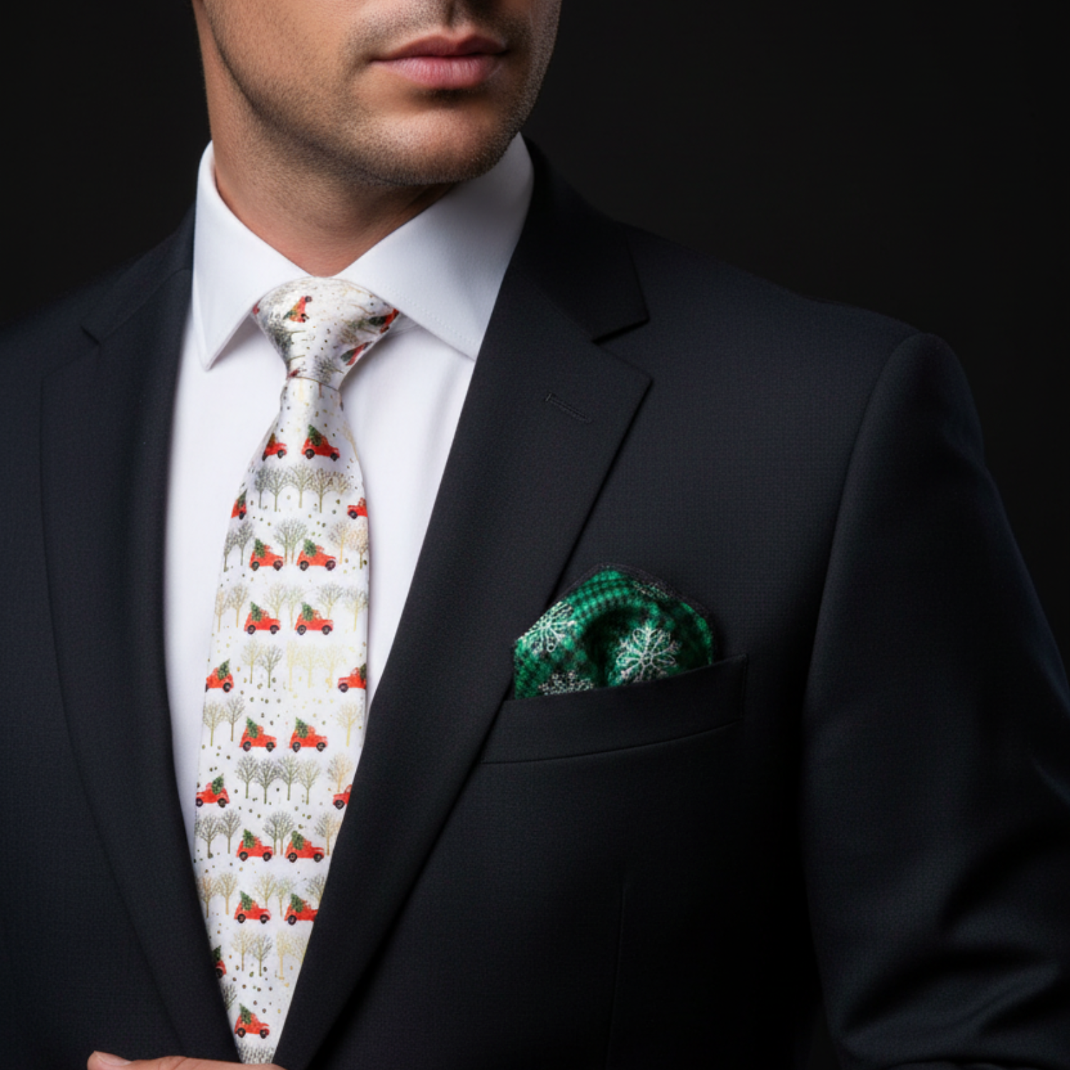Man wearing a black suit with a patterned tie and green pocket square on a dark background