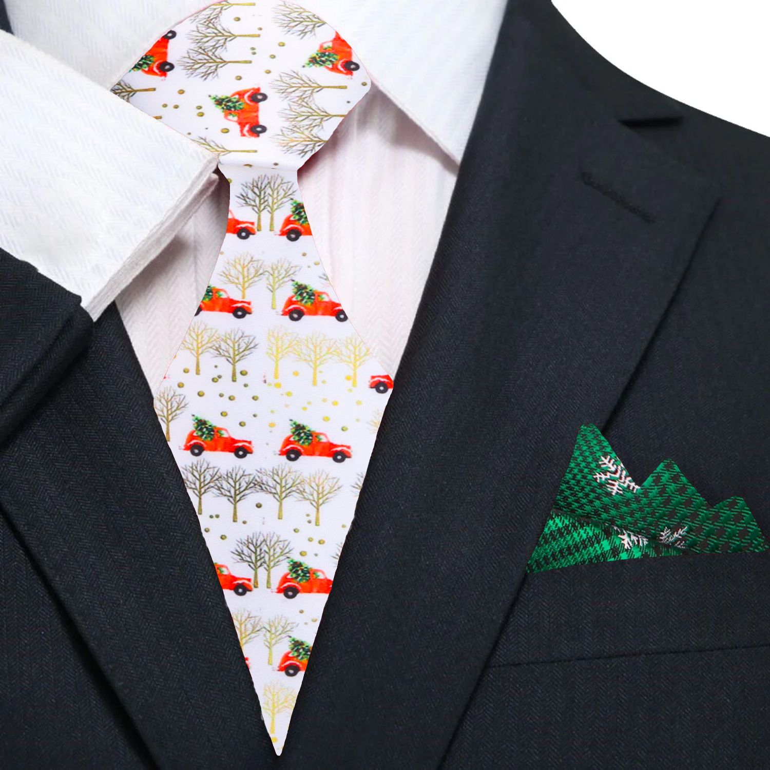 White, Red, Green, Gold Car Carrying Christmas Tree Tie And Accenting Green Snow Flakes Pocket Square Main View