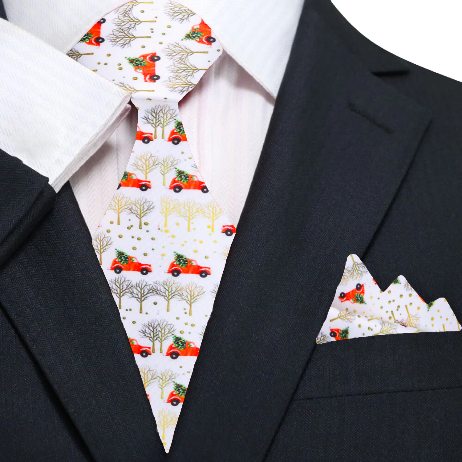 Main  White, Red, Green, Gold Car Carrying Christmas Tree Tie And Pocket Square