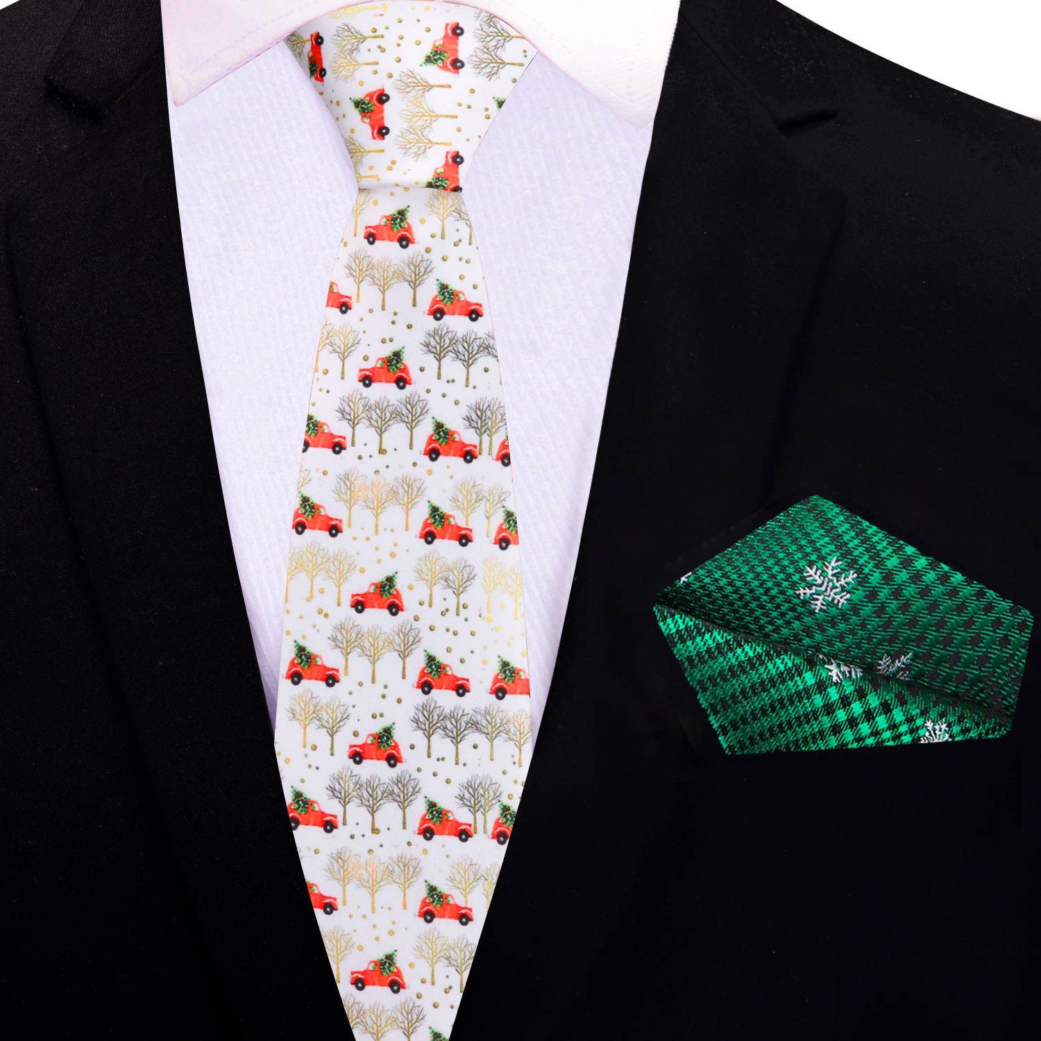 Thin: White, Red, Green, Gold Car Carrying Christmas Tree Tie And Accenting Green Snow Flakes Pocket Square