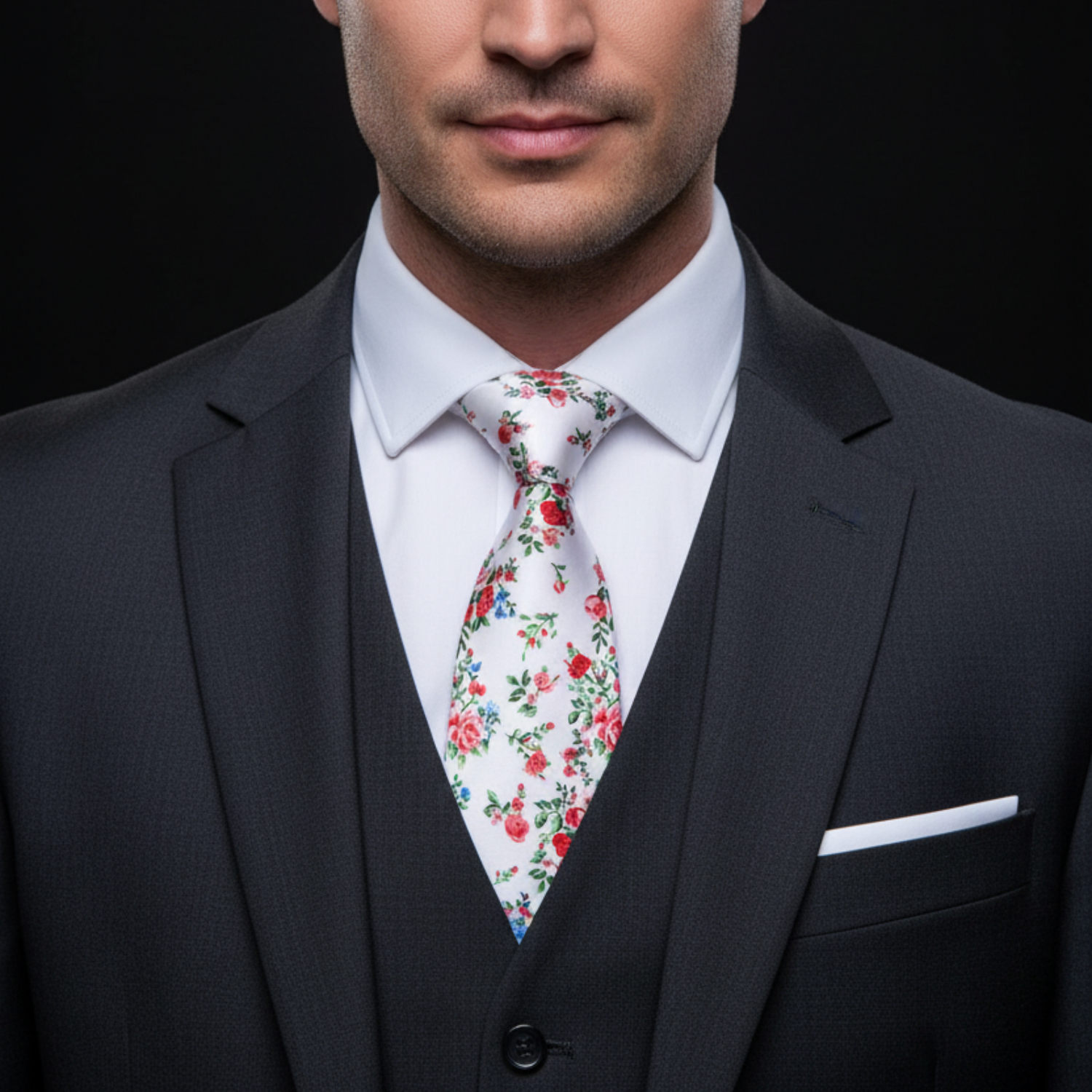 Man wearing a dark suit with a white shirt and floral tie against a black background