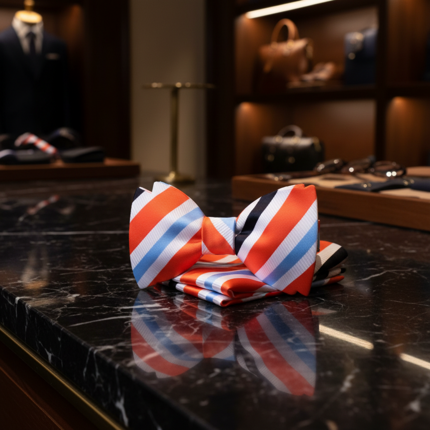 orange white blue black stripe bow tie and square||Orange, Black, Light Blue, White