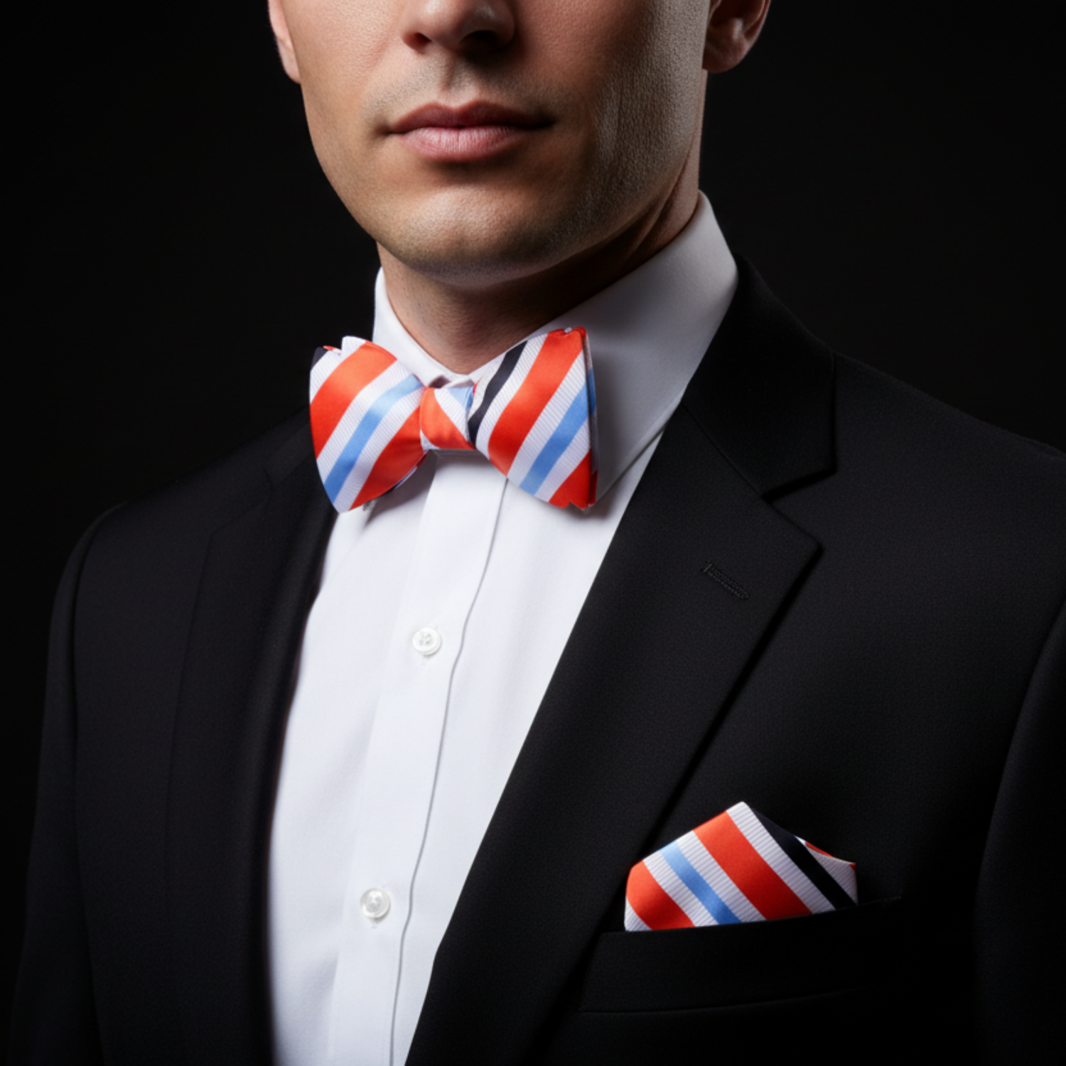 Man wearing a white, blue. orange and black stripe bow tie and square