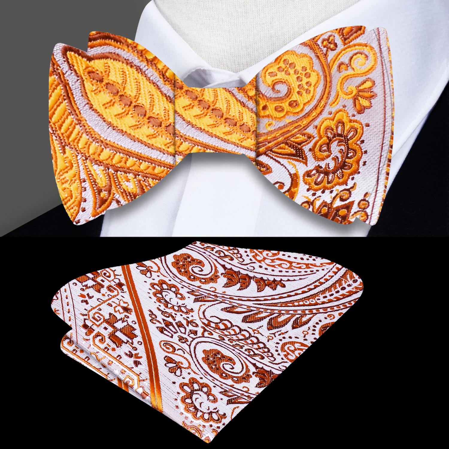 A Orange, Cream Paisley Pattern Self Tie Bow Tie, Matching Pocket Square