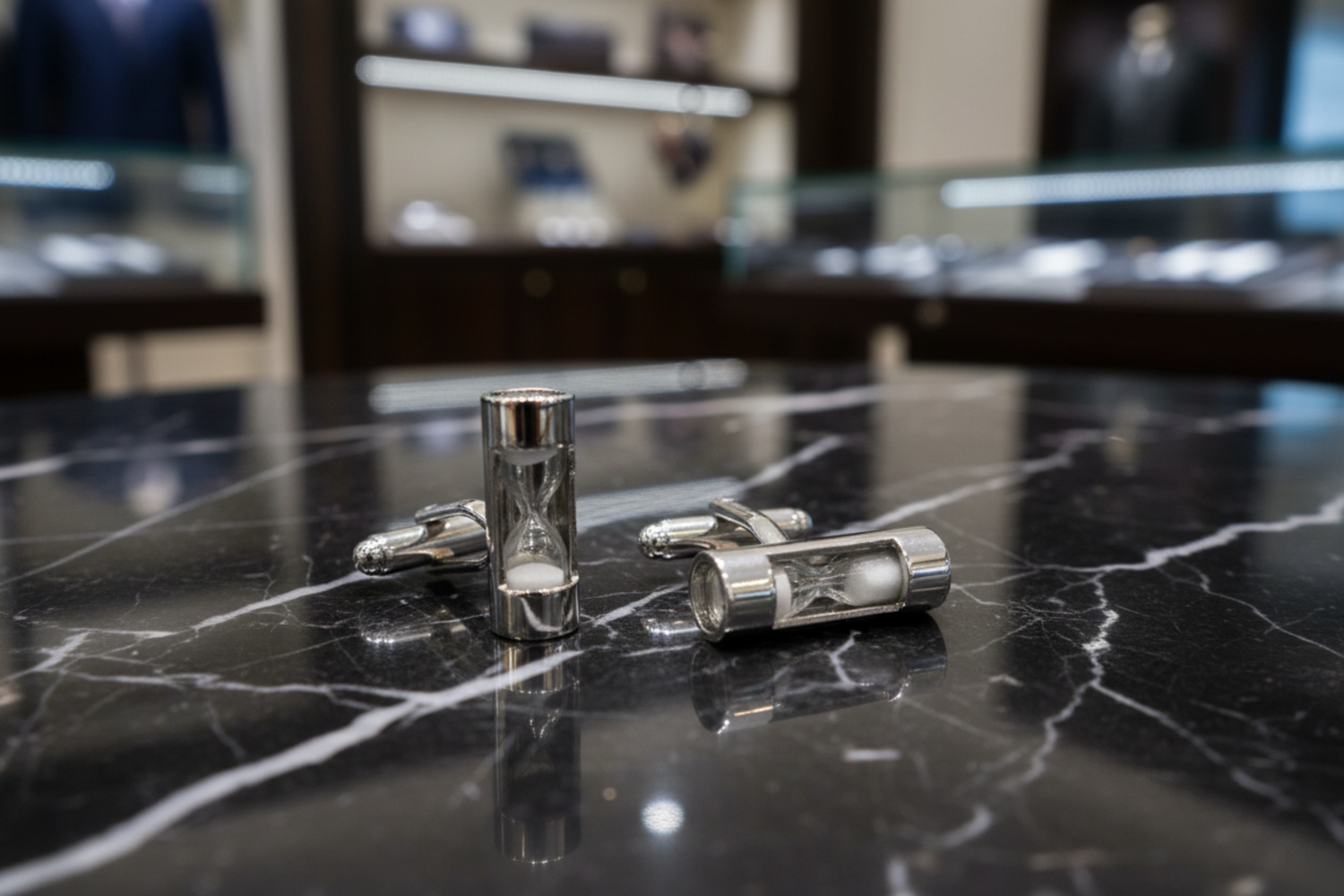 View 3 A chrome and white colored hour glass shape cuff-links set||White Sand