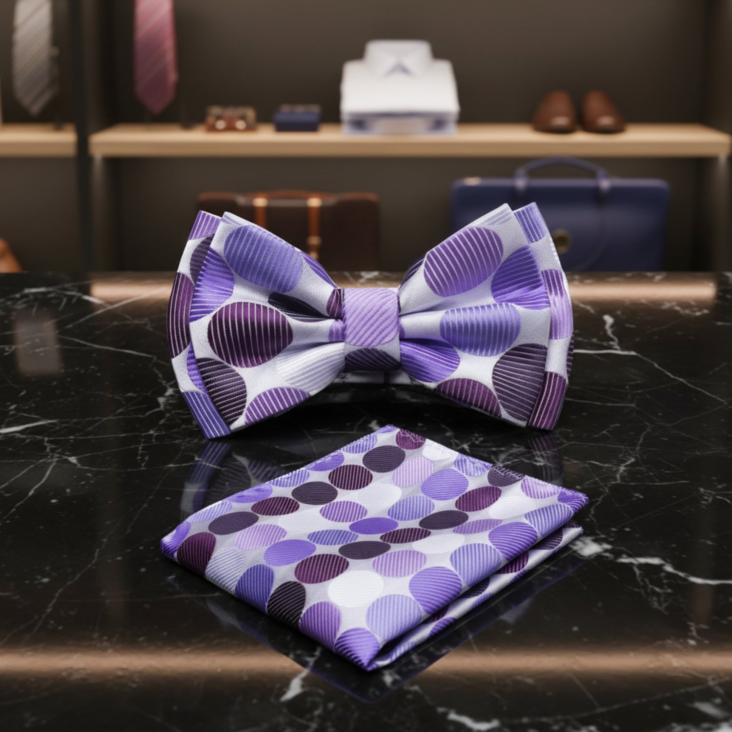 White with Purple Dots Bow Tie and Square