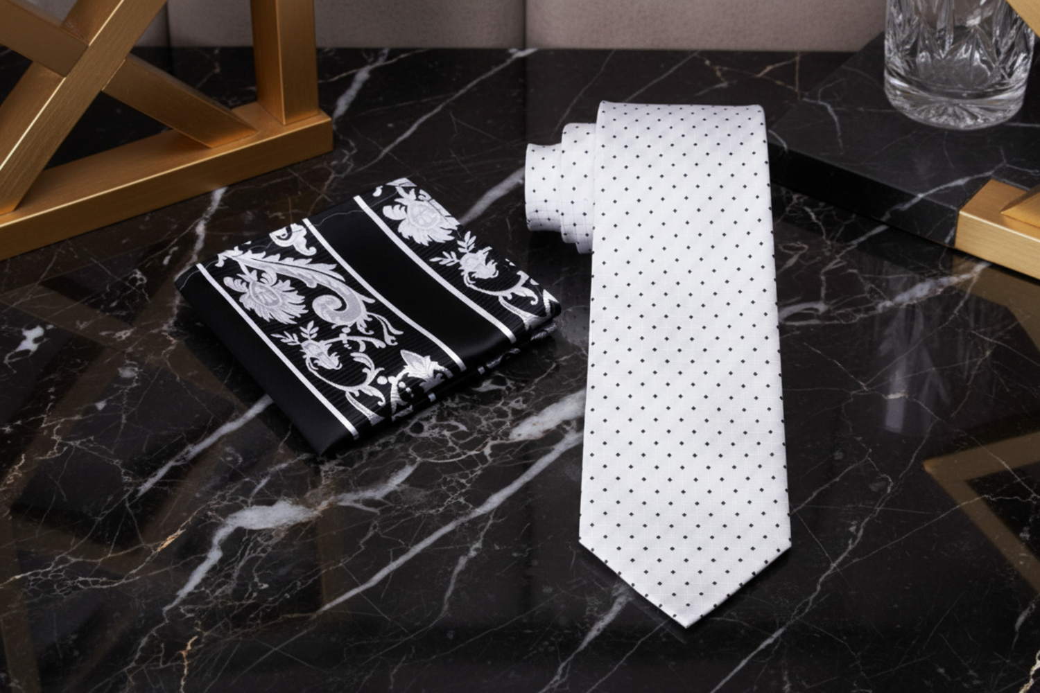 View 2: White, Black Dots Necktie and Accenting Square