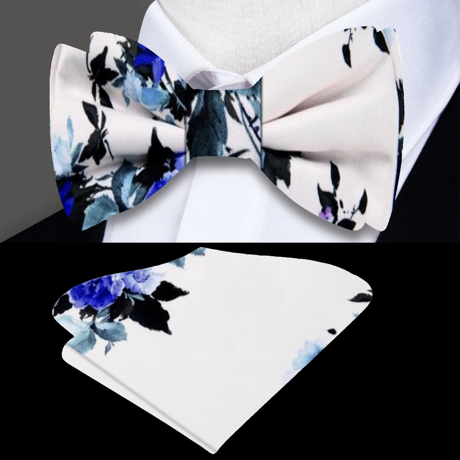 Main: A Ivory, Blue, Purple Floral Pattern Self Tie Bow Tie With Matching Pocket Square||Ivory