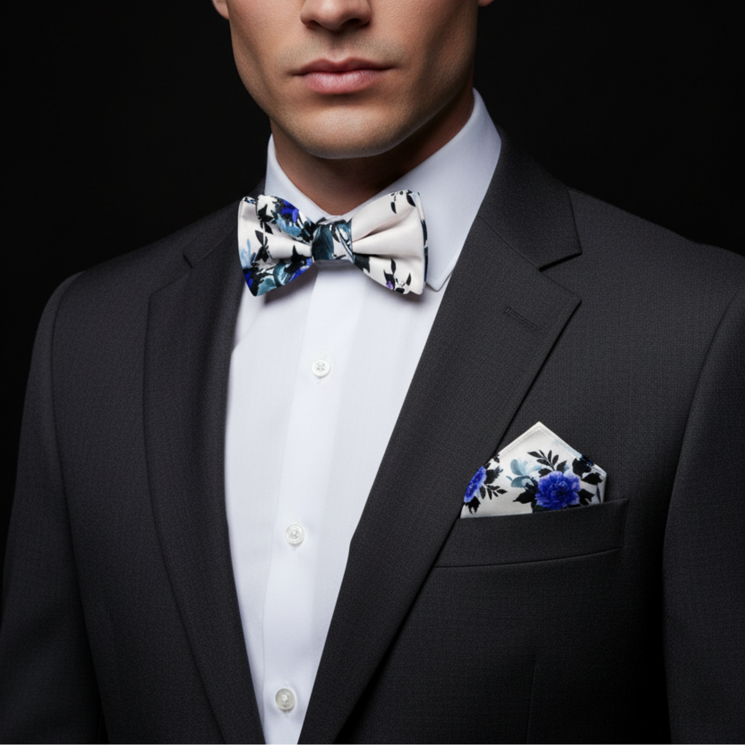 Man wearing a black suit with a white shirt, floral bow tie, and matching pocket square against a dark background.