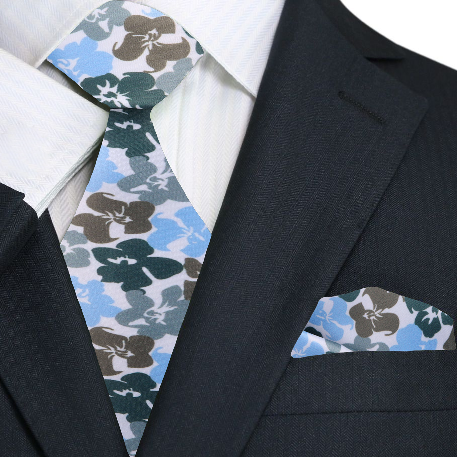Premium Blue, Purple Hibiscus Flowers Tie and Pocket Square