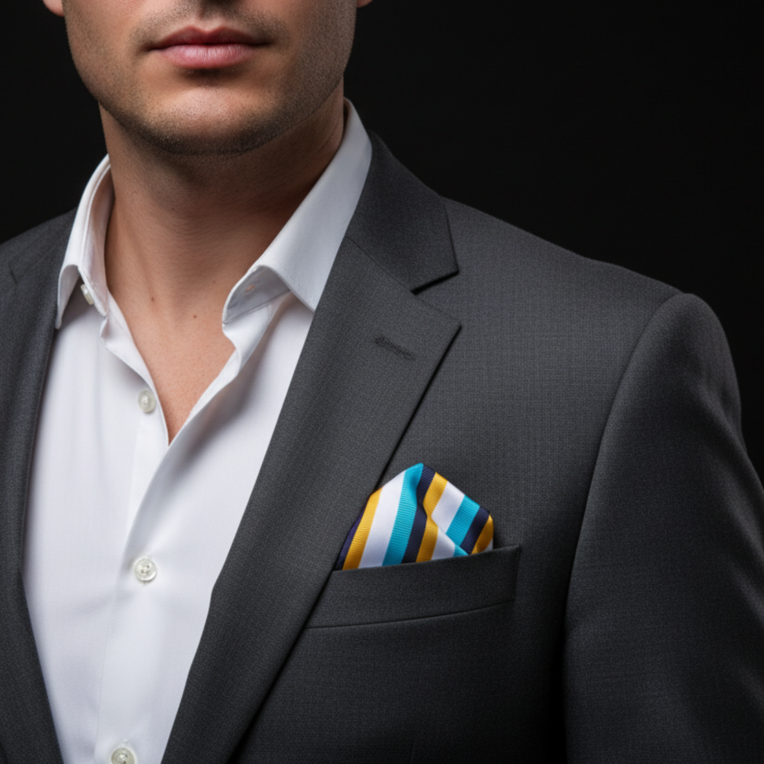 Man wearing a dark suit with a white shirt and striped pocket square on a black background