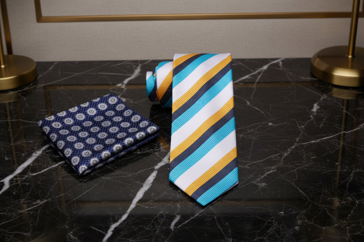 Alt A White, Light Blue, Yellow, Blue Stripe Pattern Necktie and Accenting Dark Blue Geometric Square