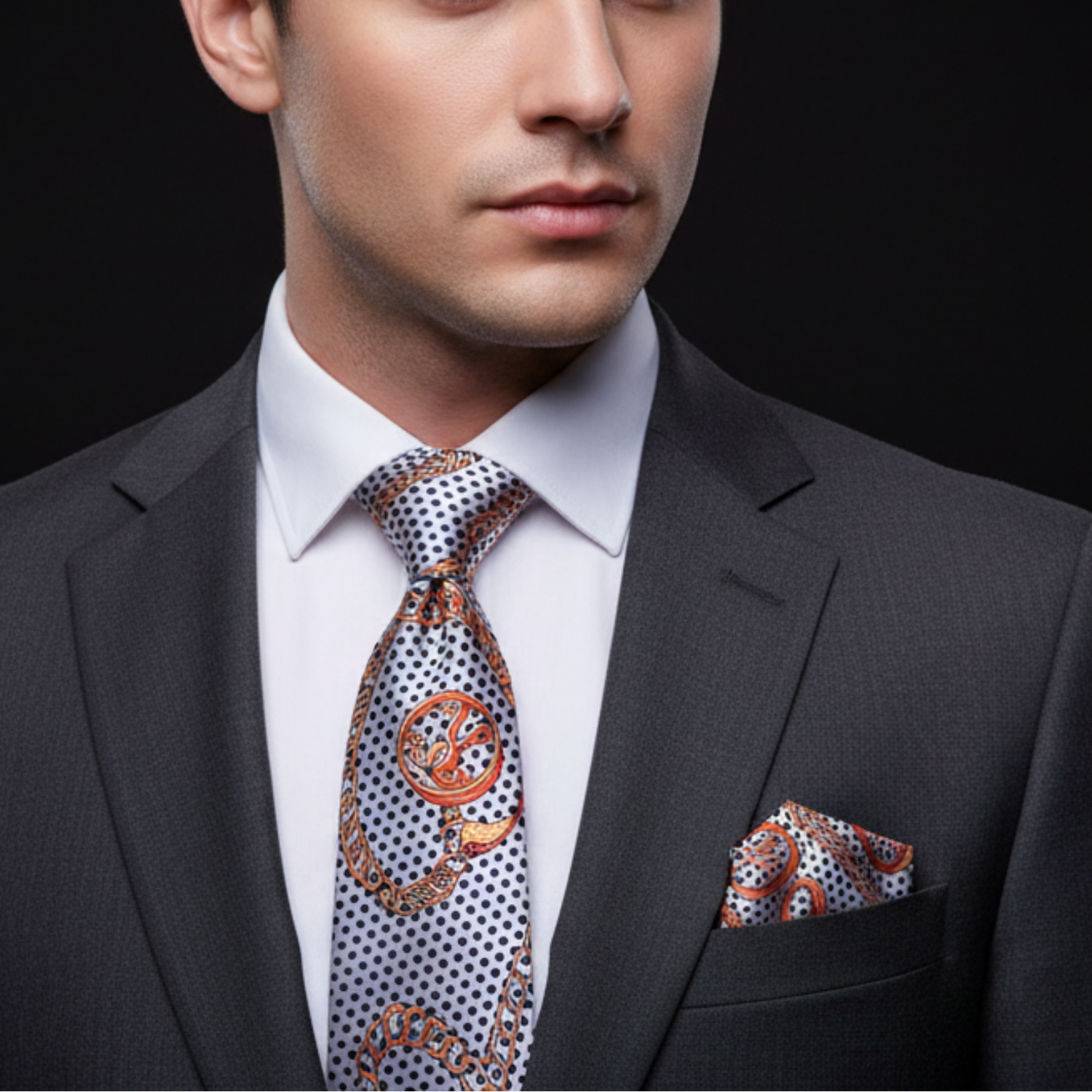Man wearing a gray suit with a patterned tie and pocket square against a black background