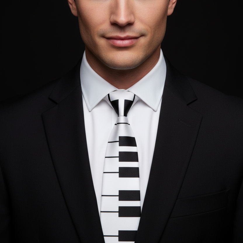 Man wearing a black suit with a white shirt and a black and white striped tie against a dark background