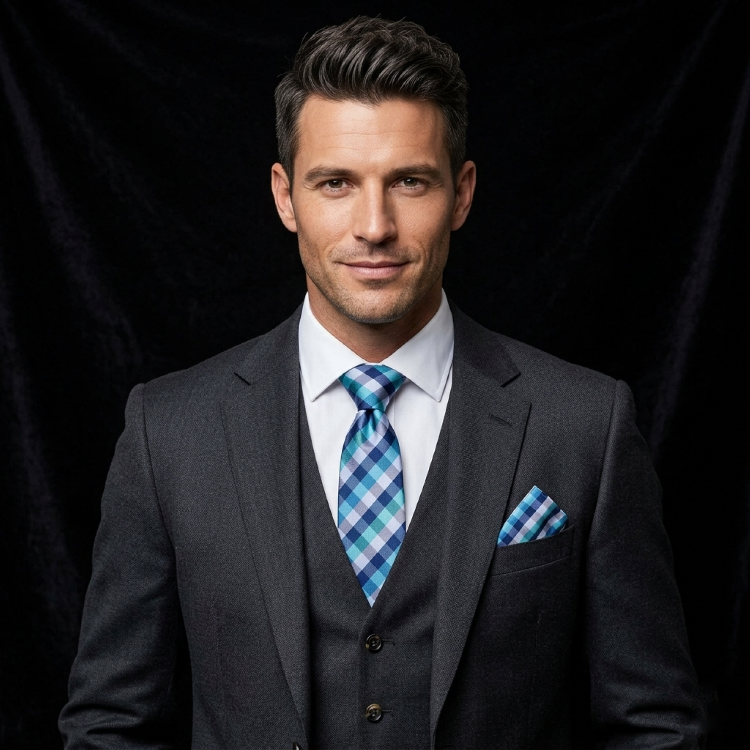 Man wearing a gray suit with a blue plaid tie and pocket square on a black background