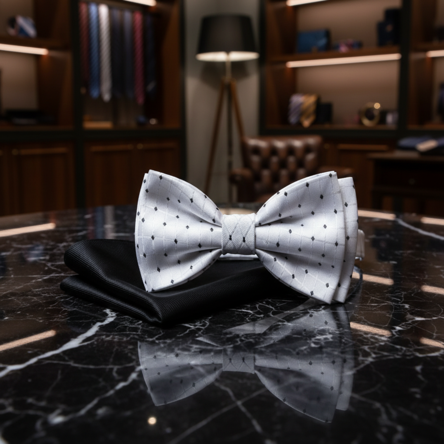 White, Black Bow Tie and Black Pocket Square