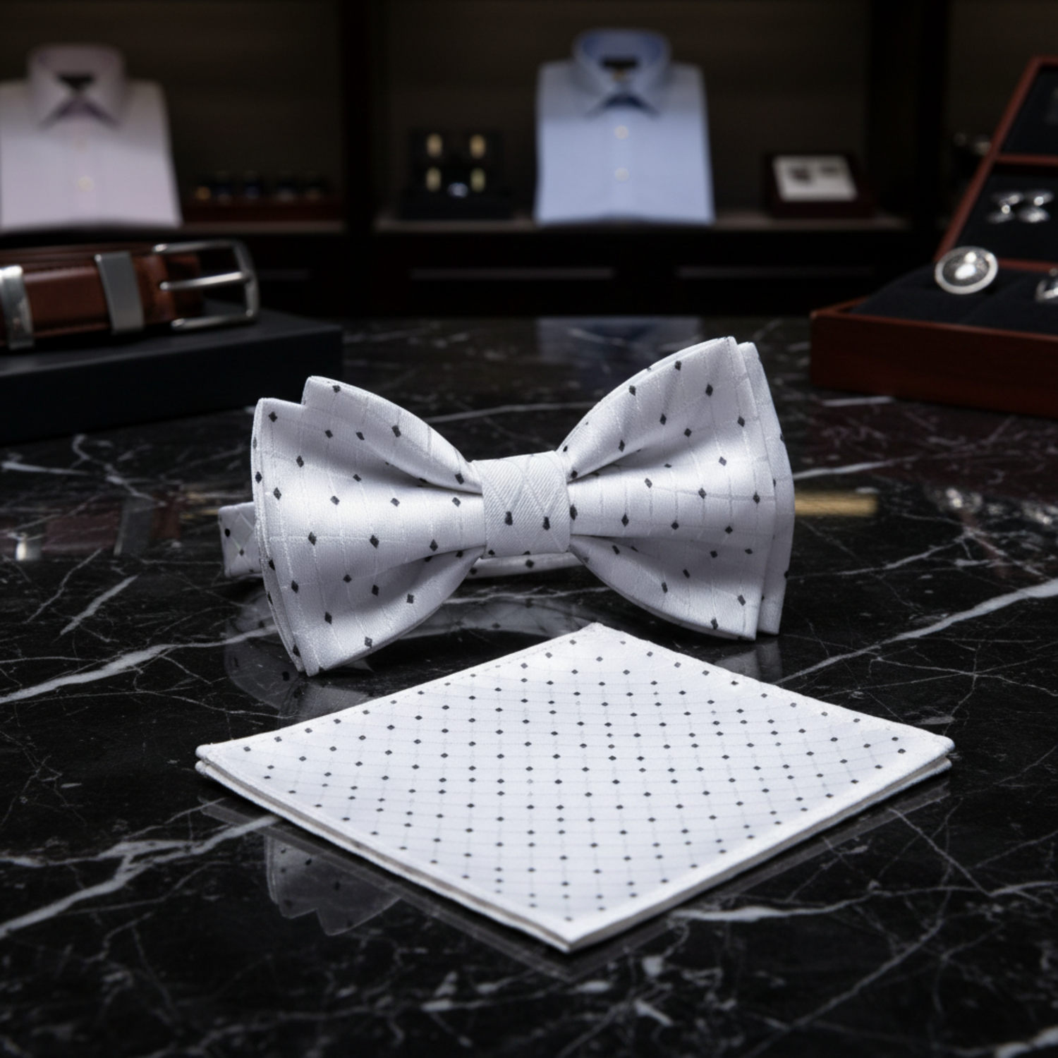 White, Black Bow Tie and Pocket Square