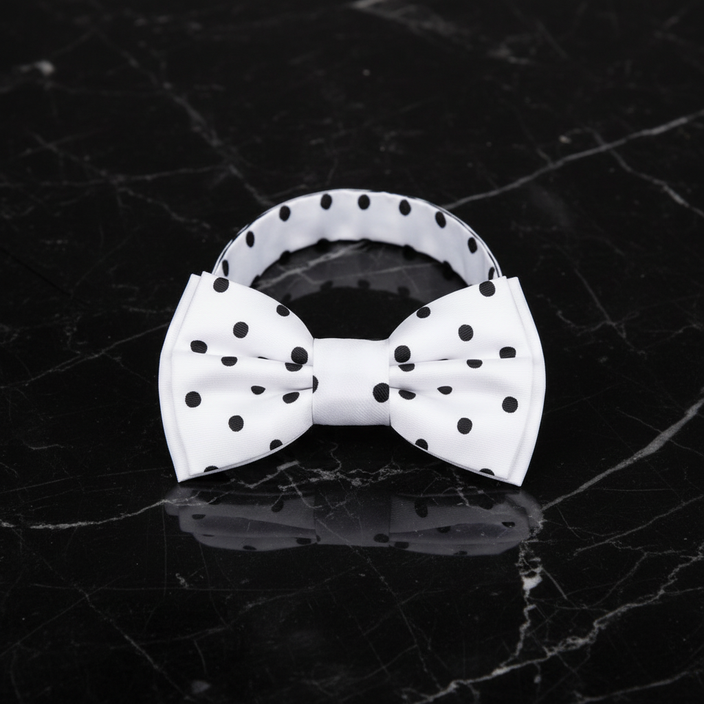 A White, Black Polka Pattern Pre Tied Bow Tie