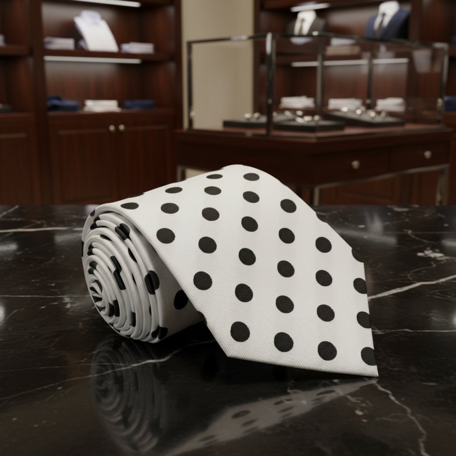 white with black dots tie a
