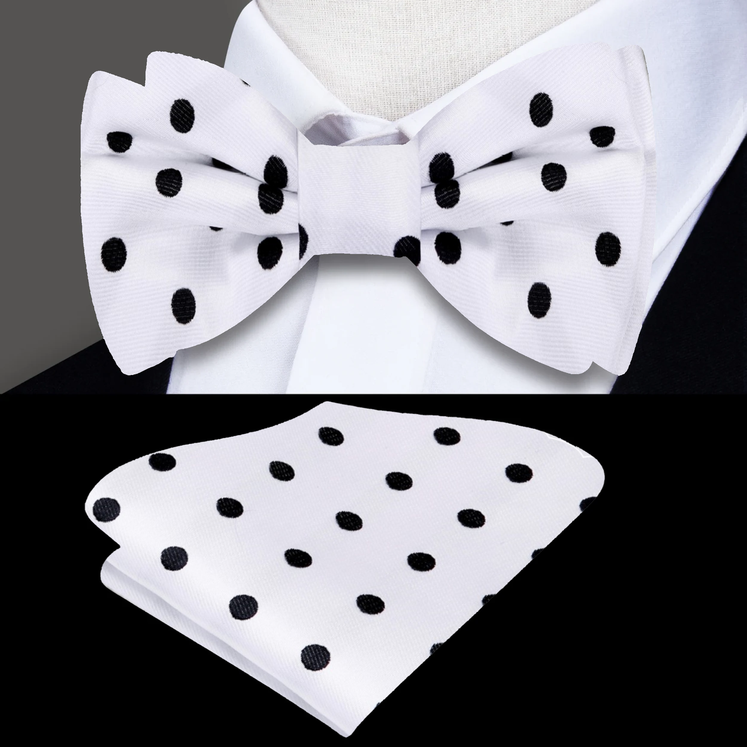 A White, Black Polka Pattern Silk Self Tie Bow Tie and Square