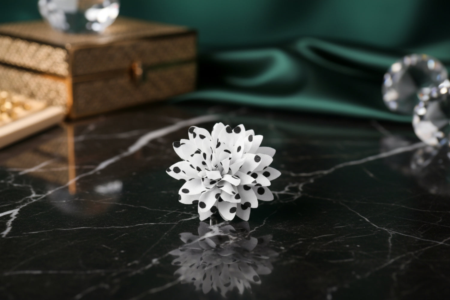 Second View: A White, Black Polka Dot Lapel Flower||White, Black