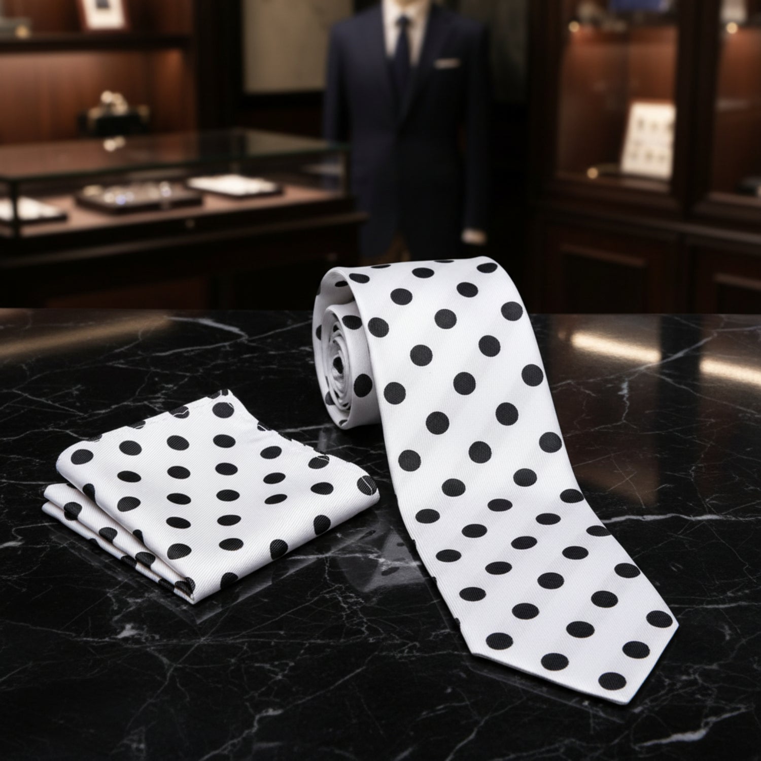 white with black dots tie and square on black marble surface