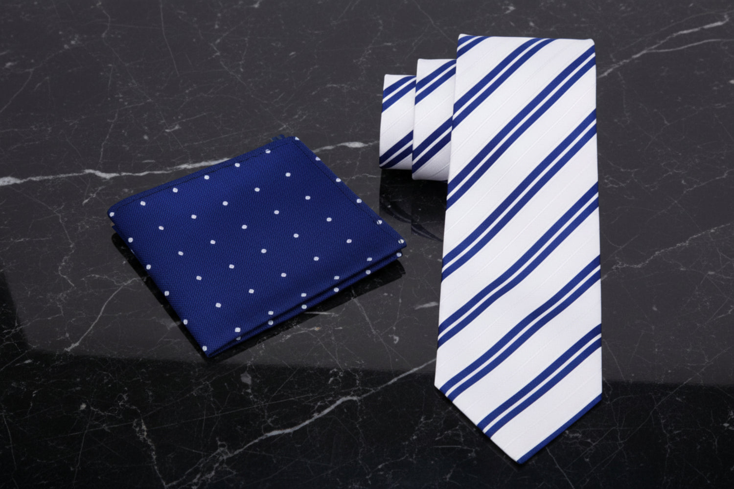 Alt View: White with Blue Stripe Necktie and Accenting Blue White Polka Square