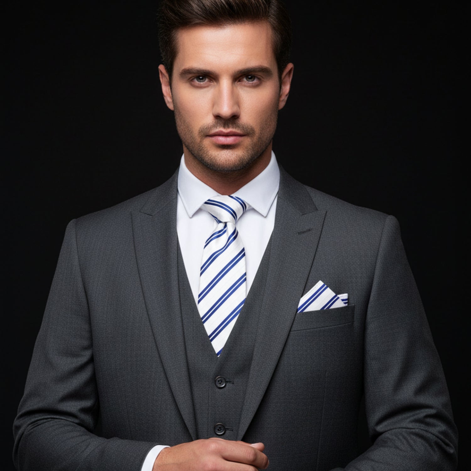 Man wearing a gray suit with a blue striped tie and pocket square on a black background
