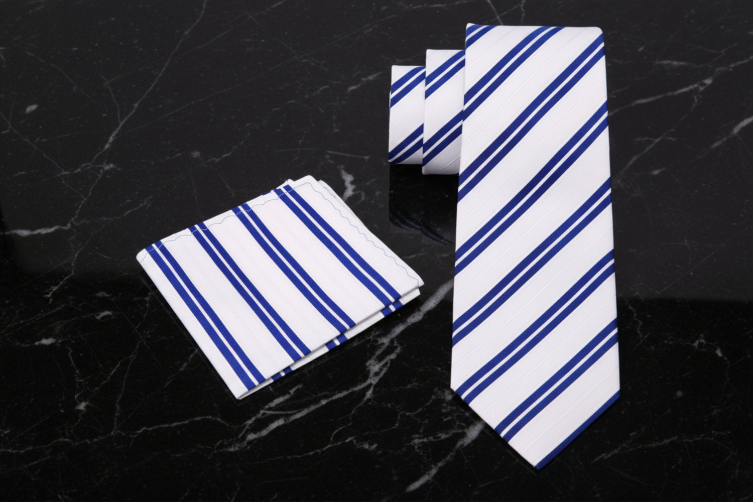 Alt View: White with Blue Stripe Necktie and Matching Square